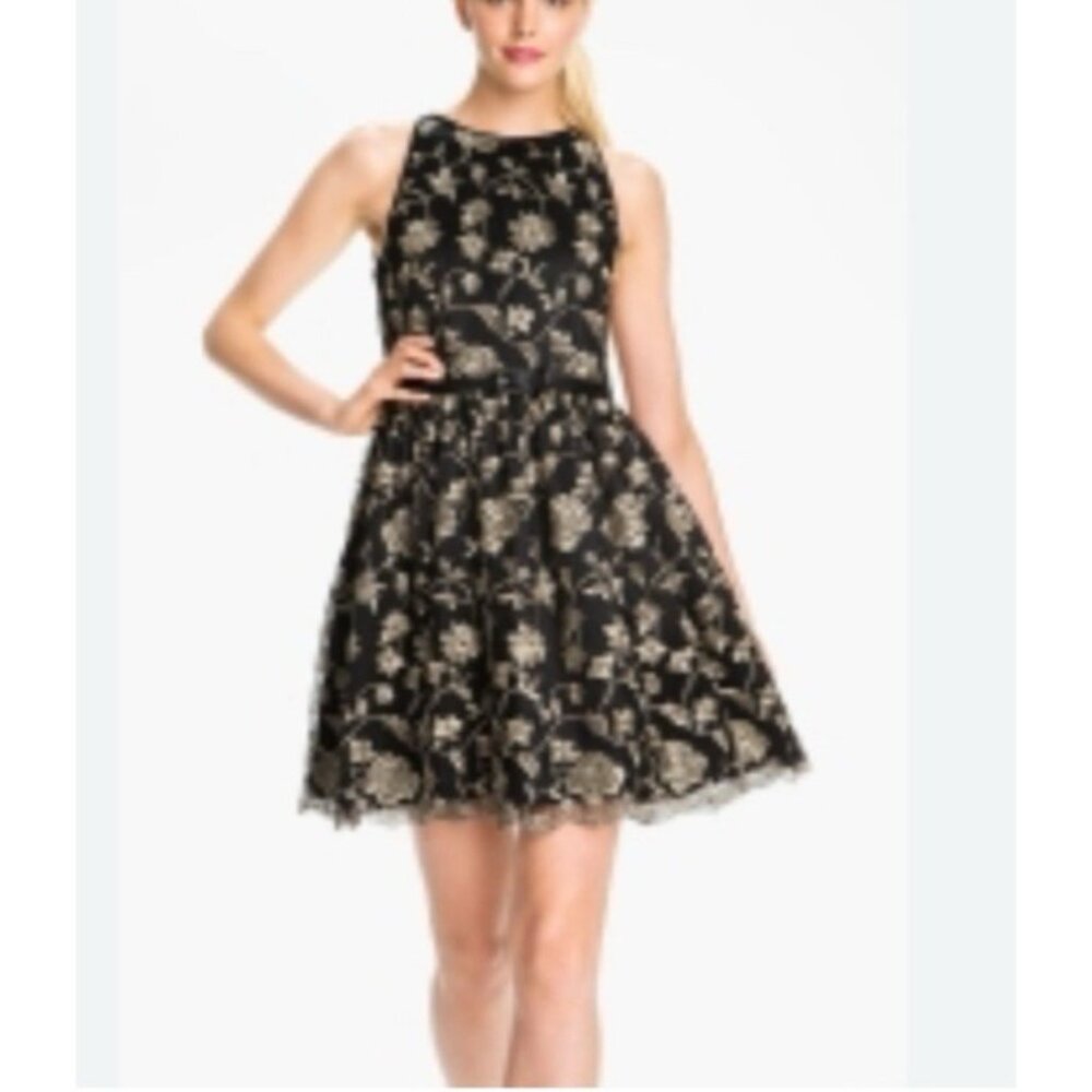 Adrianna Papell 16 Dress Black Gold Embroidered Holiday Party Wedding Cruise